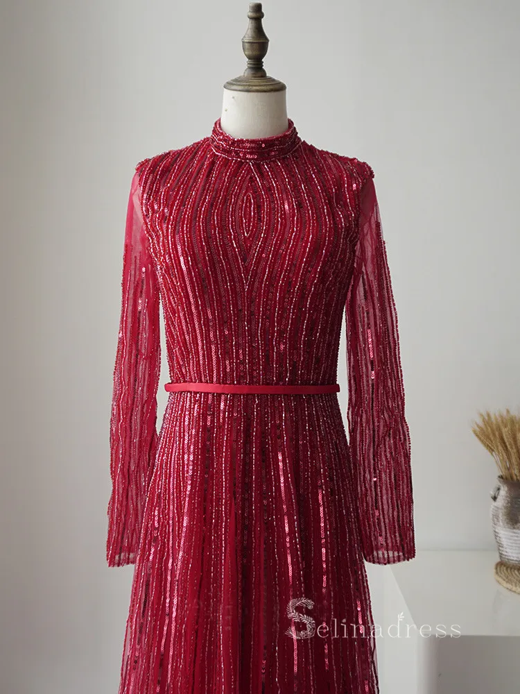 A-line High Neck Long Sleeve Beaded Long Prom Dress luxurious Burgundy Evening Gowns ASB005