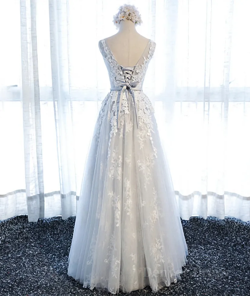 A Line Round Neck Sleeveless Lace Prom Dresses Lace Formal Dresses