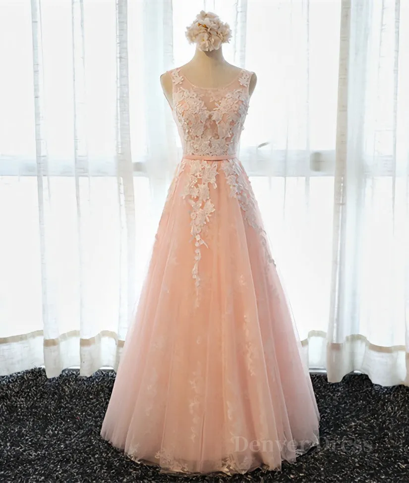 A Line Round Neck Sleeveless Lace Prom Dresses Lace Formal Dresses
