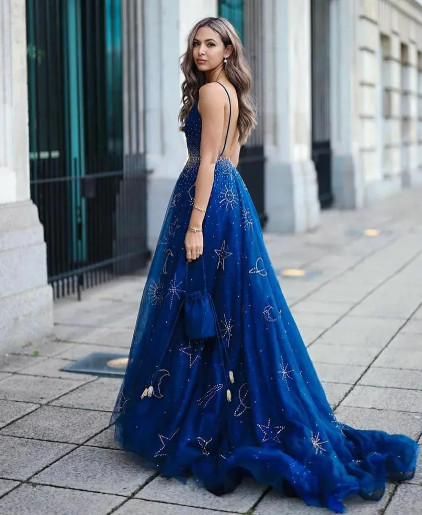 A-line Spaghetti Straps Beaded Blue Prrom Dresses with Thigh Split JKW214