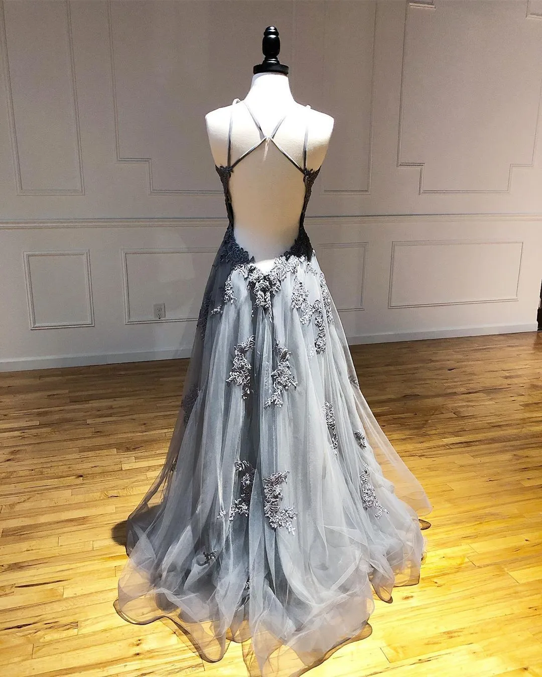 A-line Spaghetti Straps Lace Silver Long Prom Dresses Party Dresses SED439