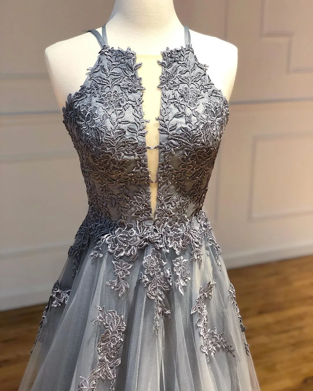 A-line Spaghetti Straps Lace Silver Long Prom Dresses Party Dresses SED439