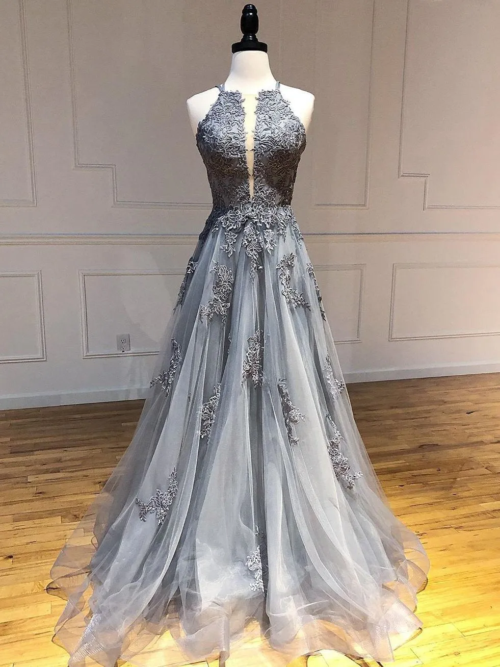 A-line Spaghetti Straps Lace Silver Long Prom Dresses Party Dresses SED439