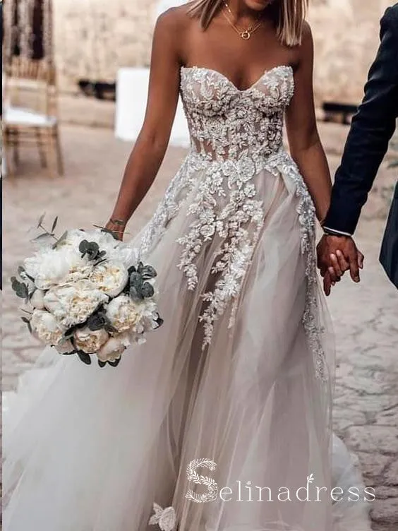 A-line Sweetheart Appliqued Beach Wedding Dresses Rustic Bridal Gowns SEW011