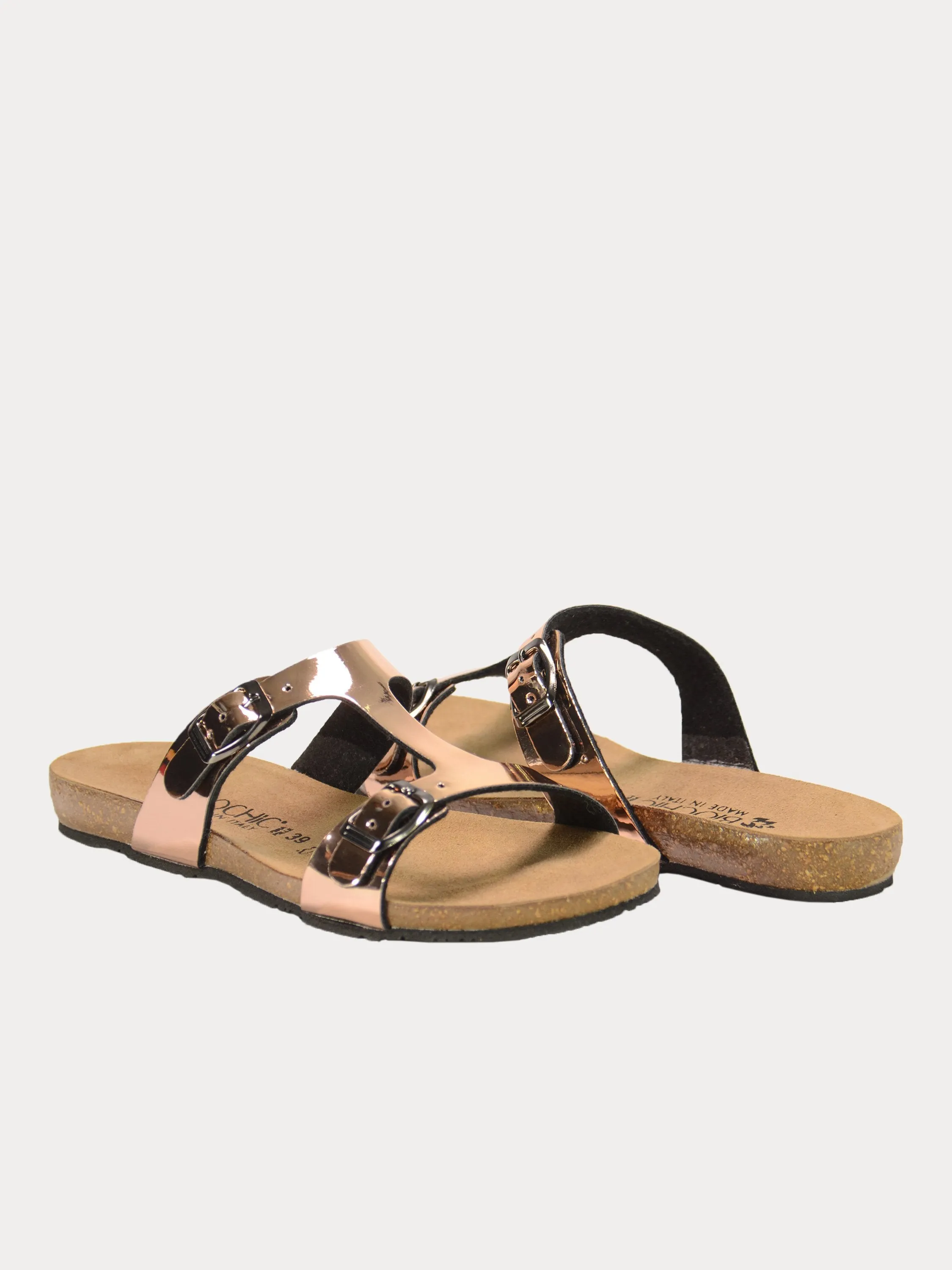Biochic Women Dual Strap Metallic Flat Sandals