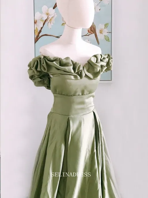Chic A-line Off Shoulder olive Green Long Prom Dresses Satin Princess Evening Dress Long Formal Dress OSTY049