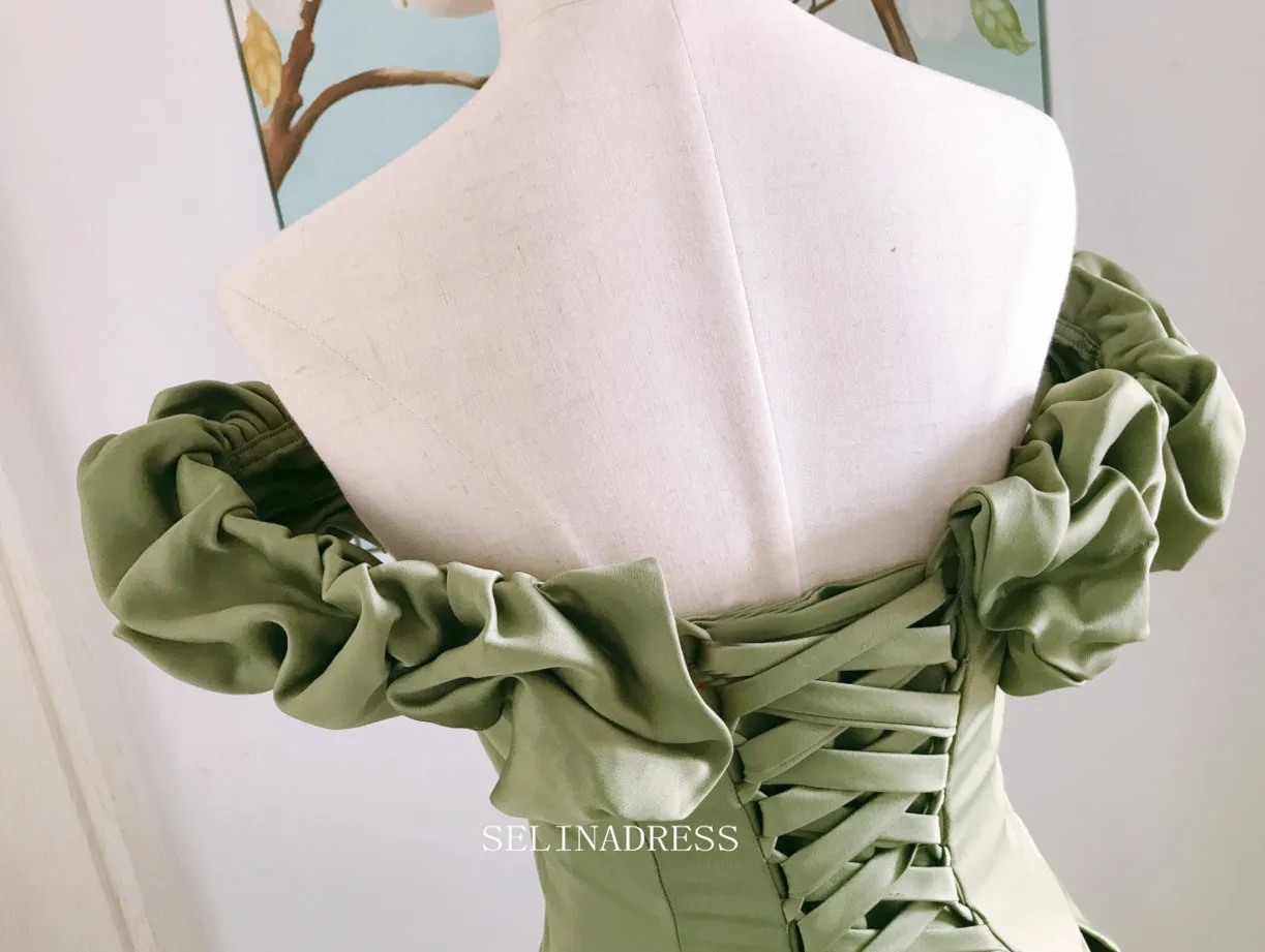 Chic A-line Off Shoulder olive Green Long Prom Dresses Satin Princess Evening Dress Long Formal Dress OSTY049
