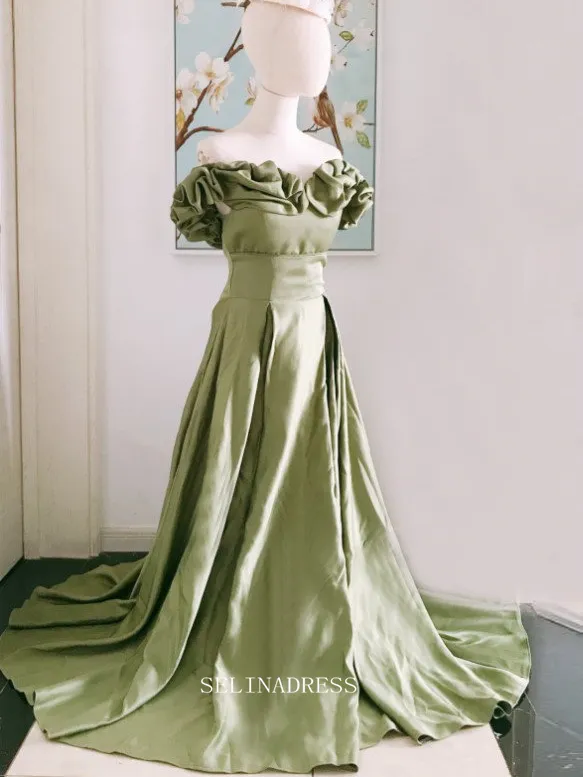 Chic A-line Off Shoulder olive Green Long Prom Dresses Satin Princess Evening Dress Long Formal Dress OSTY049