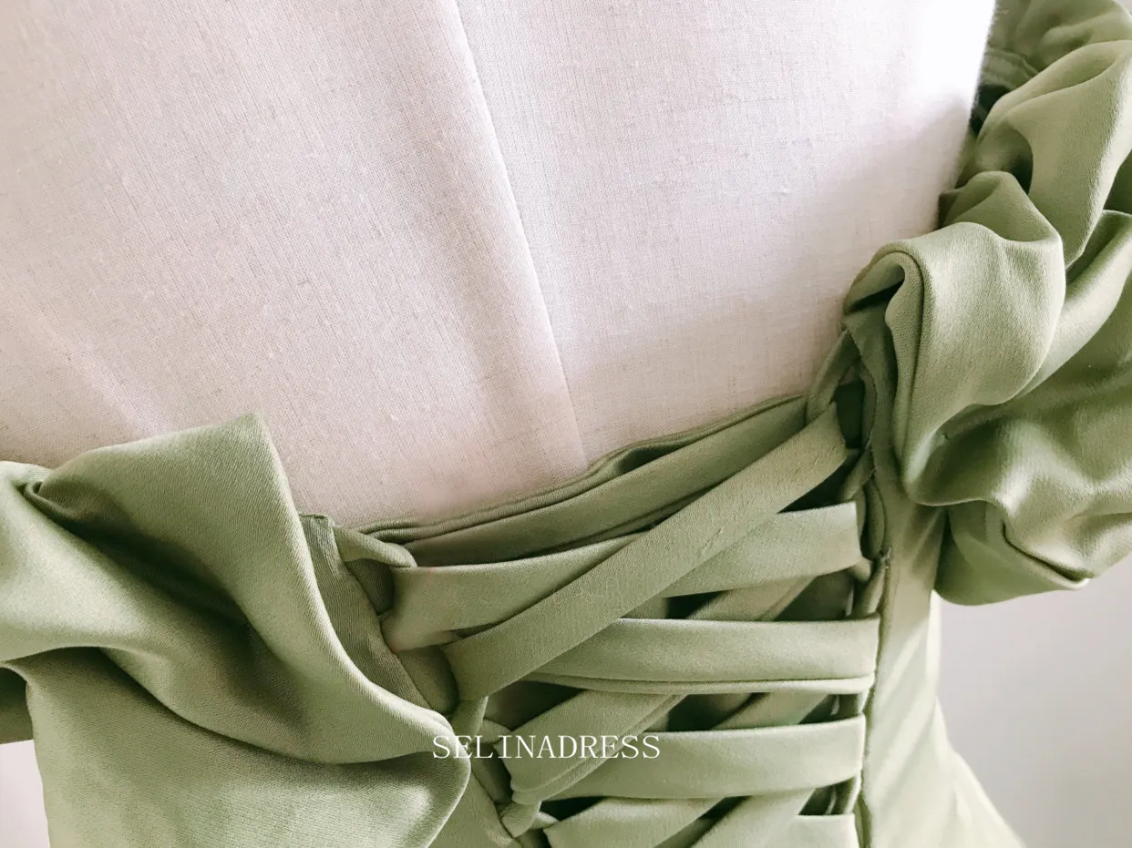 Chic A-line Off Shoulder olive Green Long Prom Dresses Satin Princess Evening Dress Long Formal Dress OSTY049