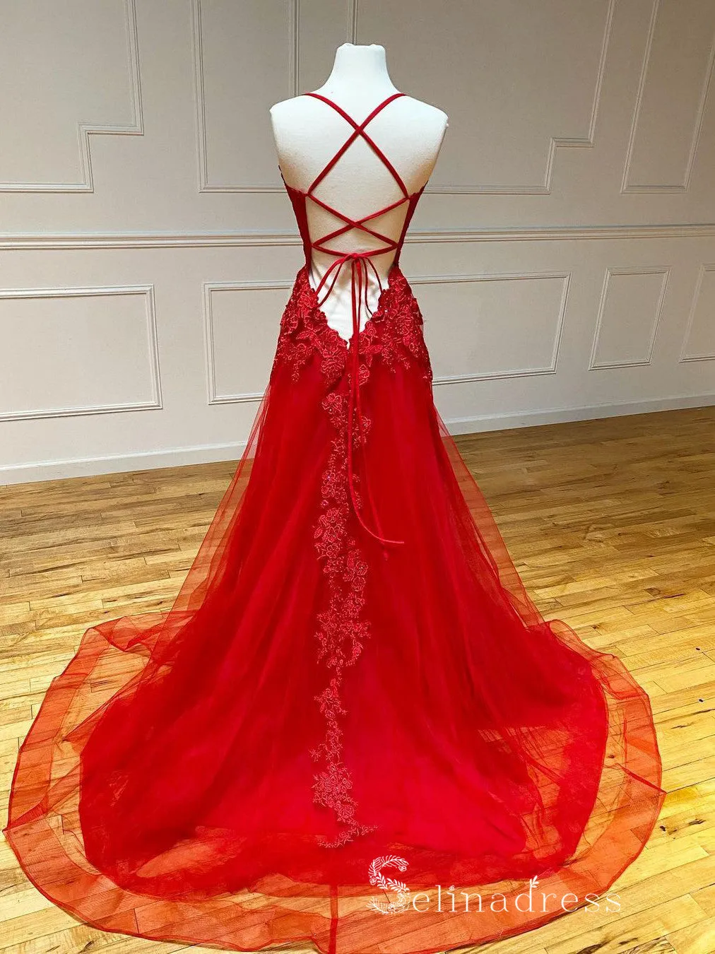 Chic A-line Spaghetti Straps Burgundy Long Prom Dresses Applique Evening Dress CBD377