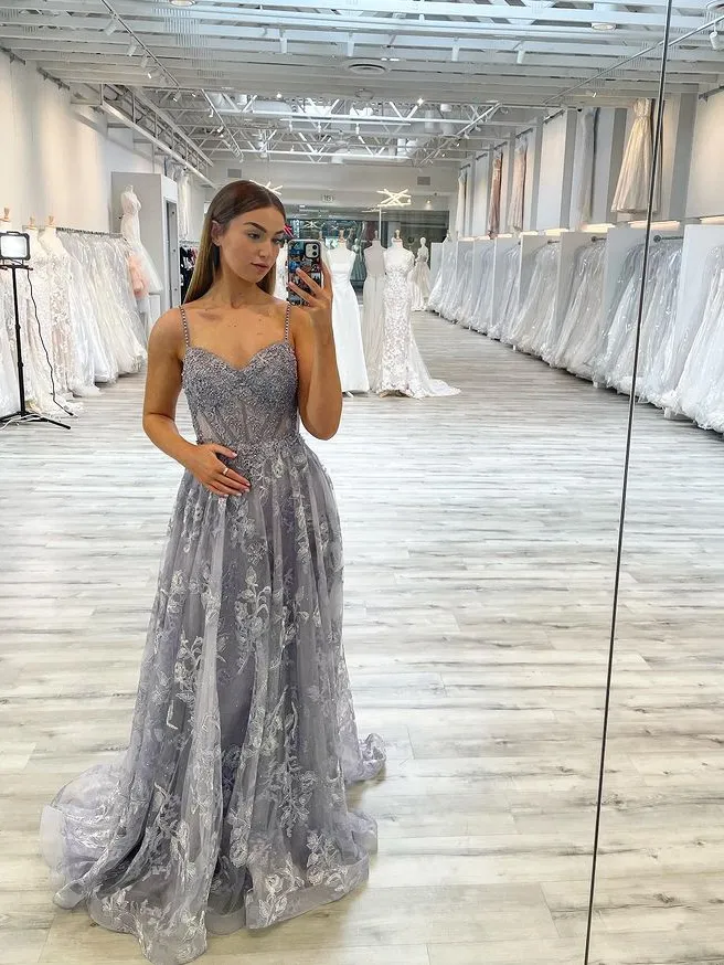 Chic A-line Spaghetti Straps Gray Lace Embroidery Long Prom Dresses Evening Gowns MSK011