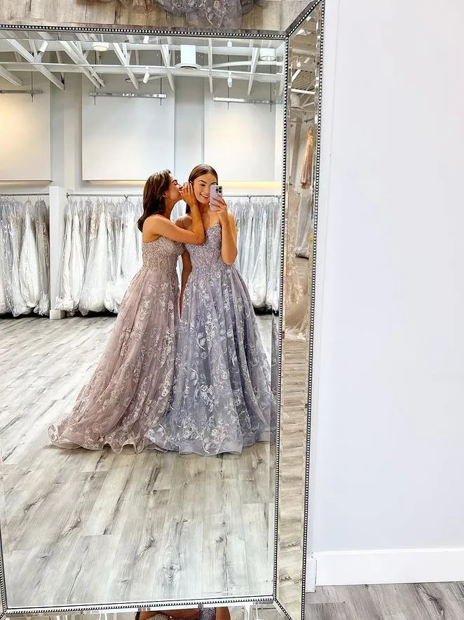 Chic A-line Spaghetti Straps Gray Lace Embroidery Long Prom Dresses Evening Gowns MSK011