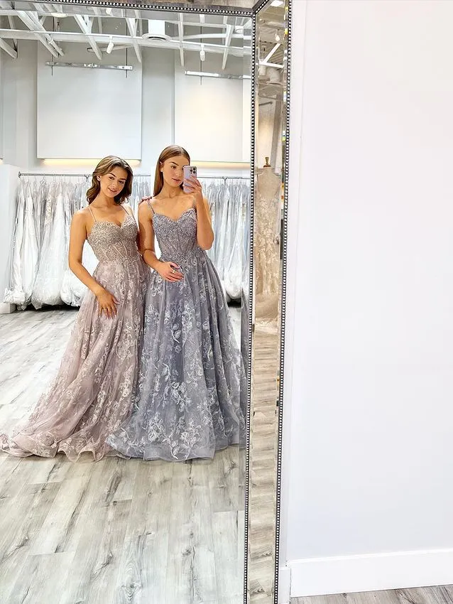 Chic A-line Spaghetti Straps Gray Lace Embroidery Long Prom Dresses Evening Gowns MSK011
