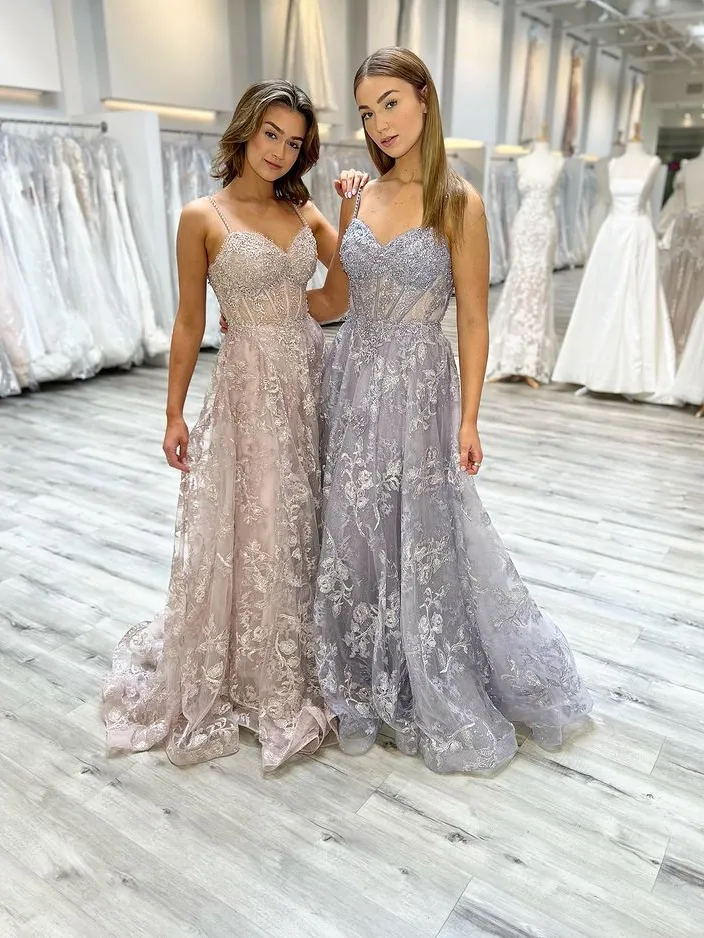 Chic A-line Spaghetti Straps Gray Lace Embroidery Long Prom Dresses Evening Gowns MSK011