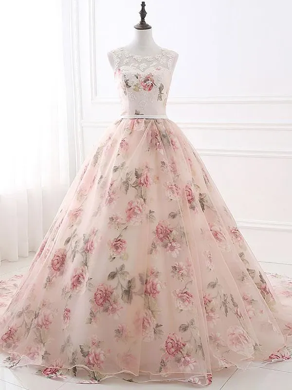 Chic Long Prom Dresses Ball Gowns  Pearl Pink Flower Prom Dress Evening Dresses SED407