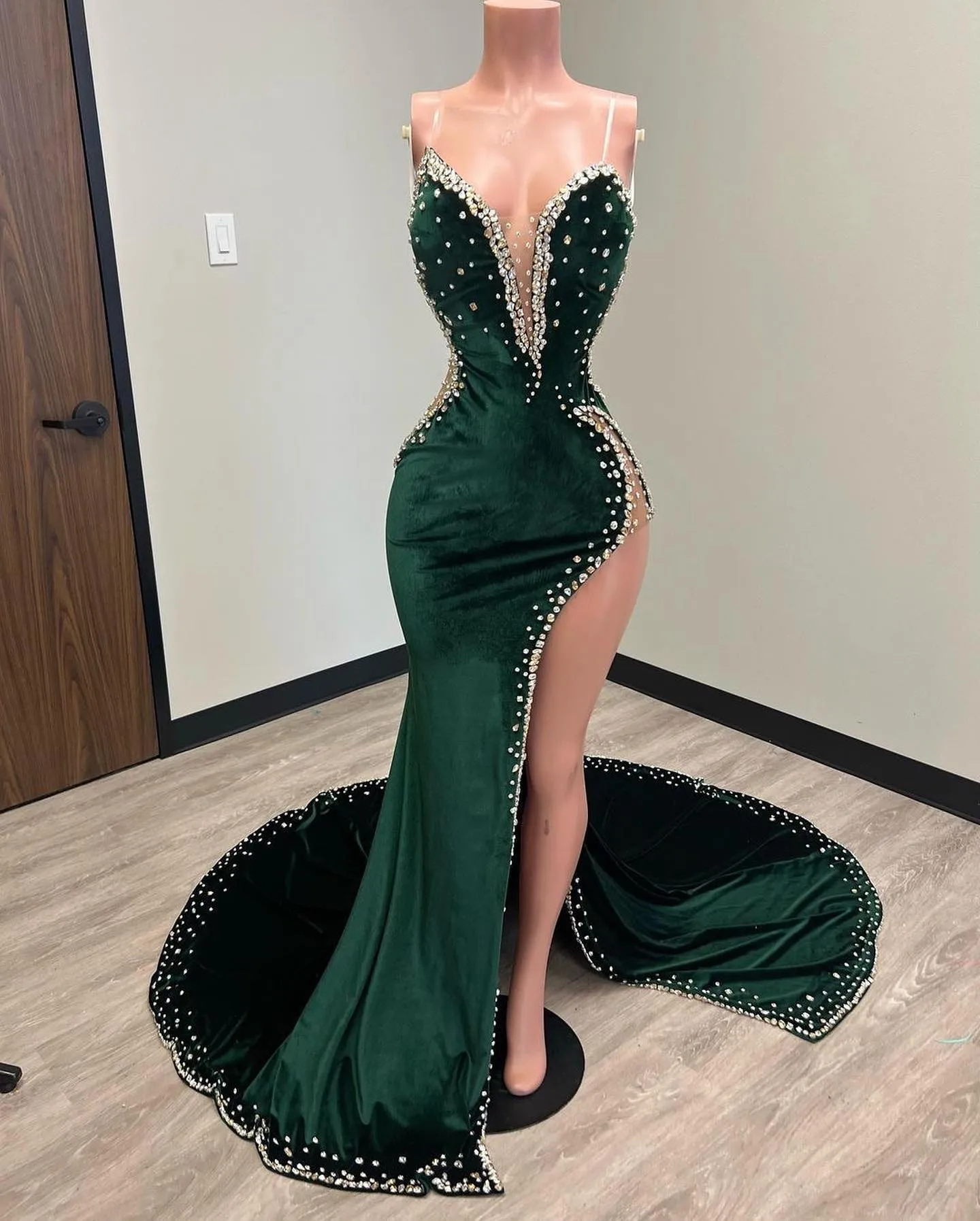 Chic Mermaid Strapless Beaded Long Prom Dress Thigh Split Elegant Evening Party Dress #JKSS617