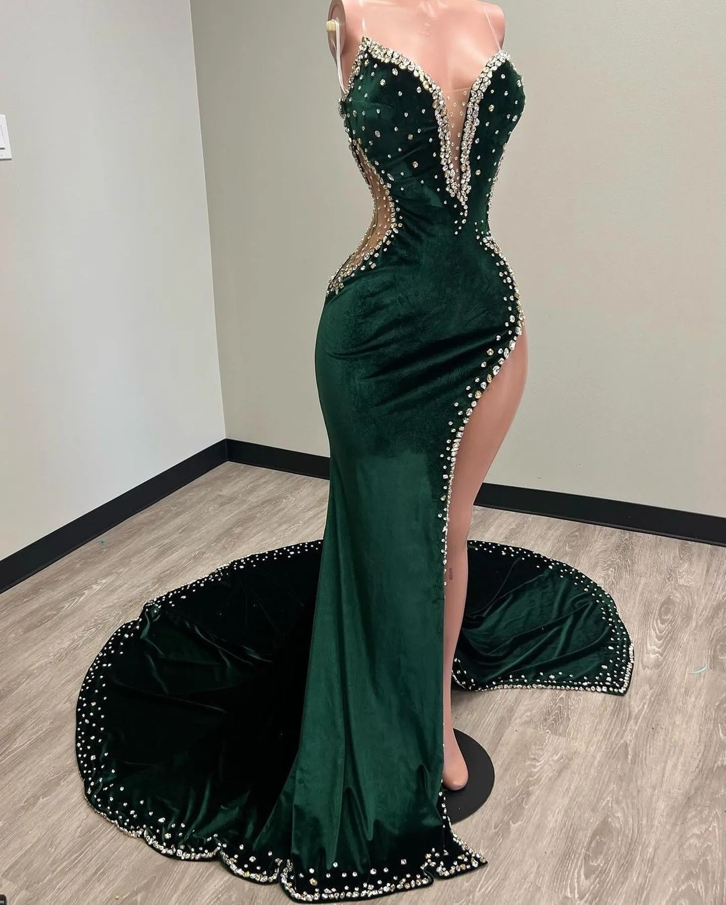 Chic Mermaid Strapless Beaded Long Prom Dress Thigh Split Elegant Evening Party Dress #JKSS617