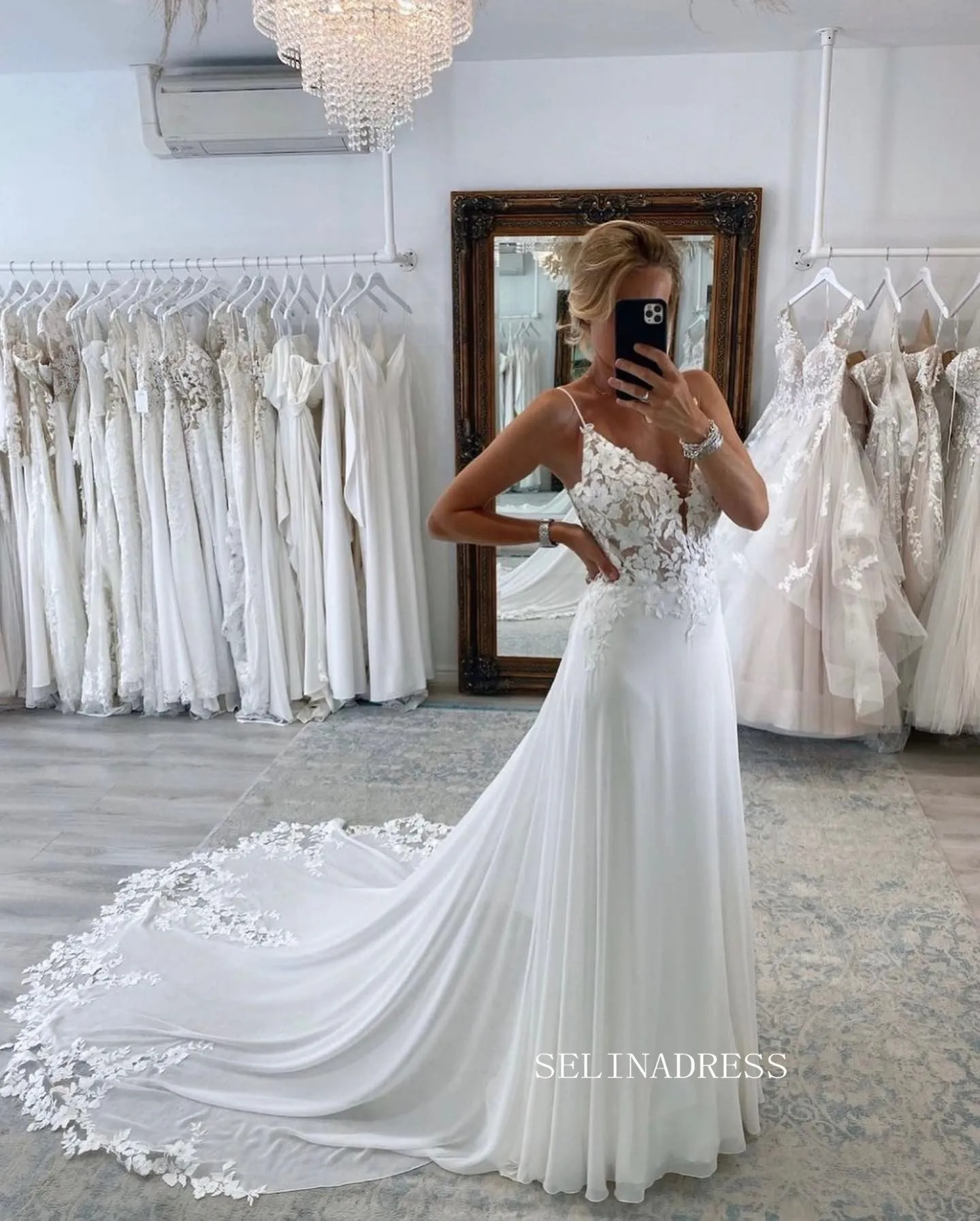 Chic Spaghetti Straps Romantic Wedding Dresses Open Back Chiffon Bidal Dresses JKP014