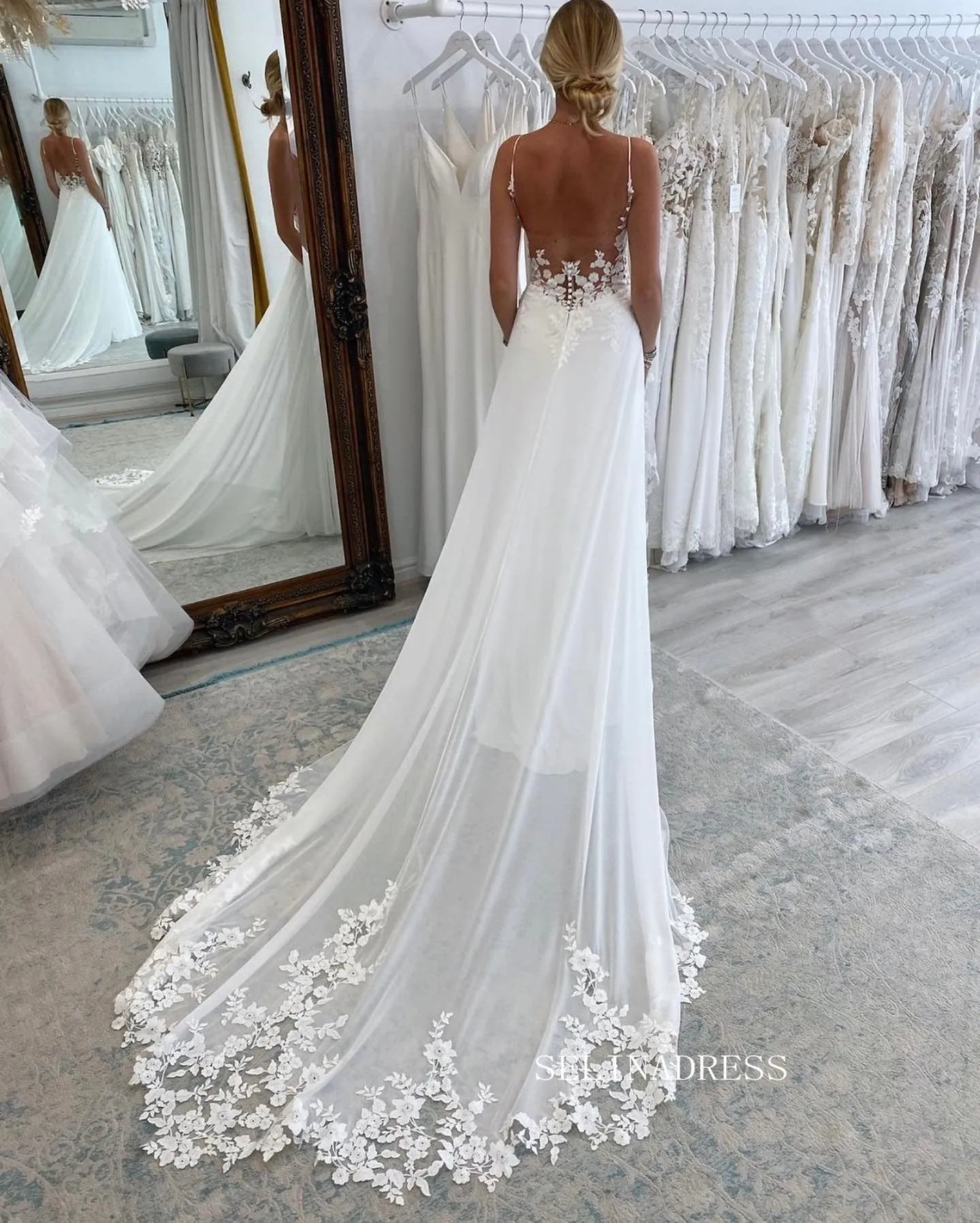 Chic Spaghetti Straps Romantic Wedding Dresses Open Back Chiffon Bidal Dresses JKP014