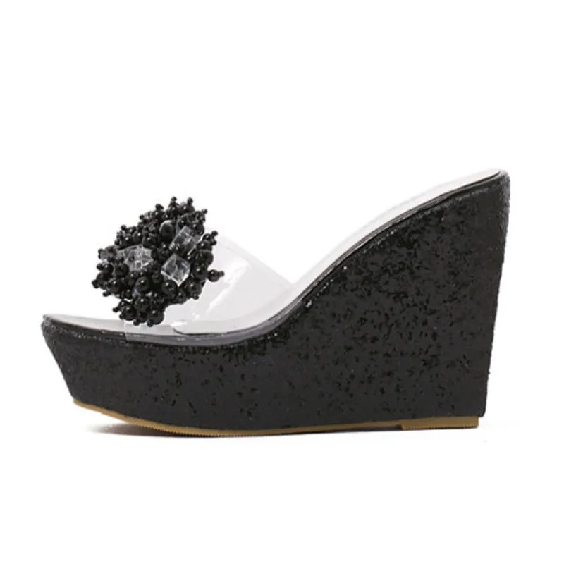 Dazzling Rhinestone High Heel Wedge Sandals