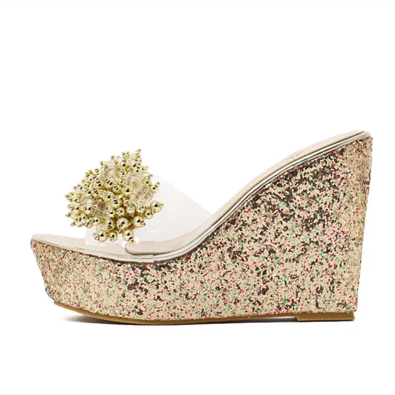 Dazzling Rhinestone High Heel Wedge Sandals