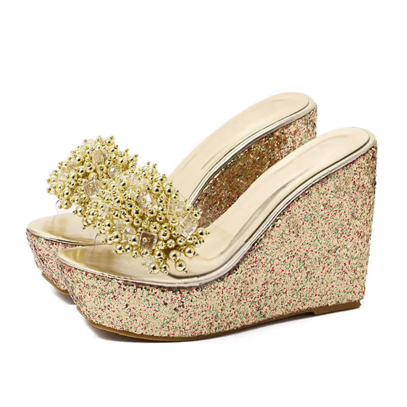 Dazzling Rhinestone High Heel Wedge Sandals