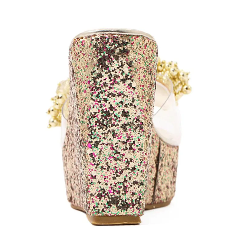 Dazzling Rhinestone High Heel Wedge Sandals