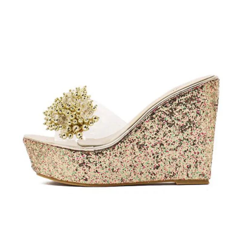 Dazzling Rhinestone High Heel Wedge Sandals