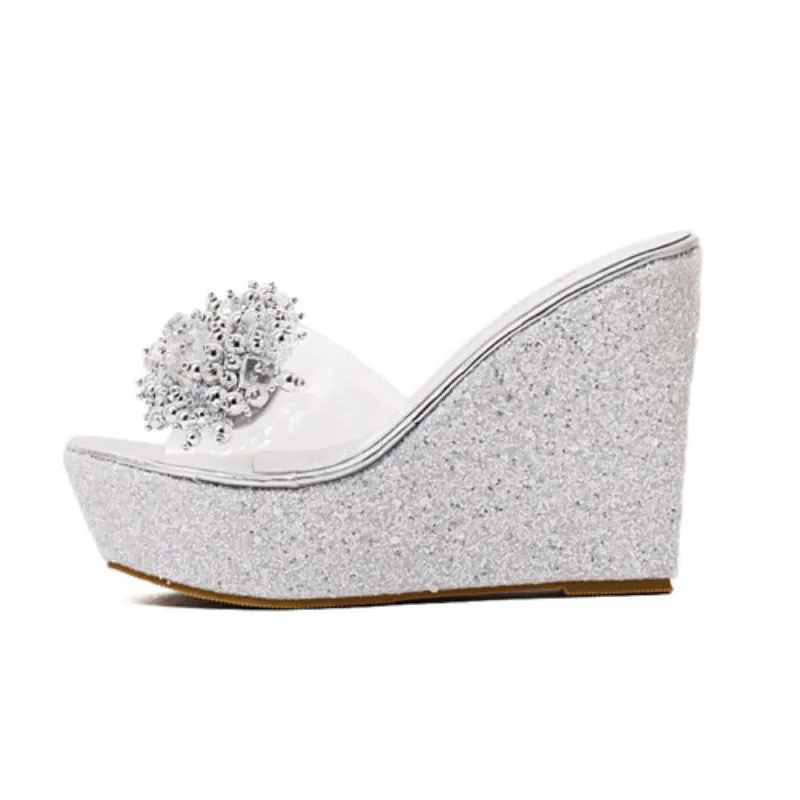 Dazzling Rhinestone High Heel Wedge Sandals