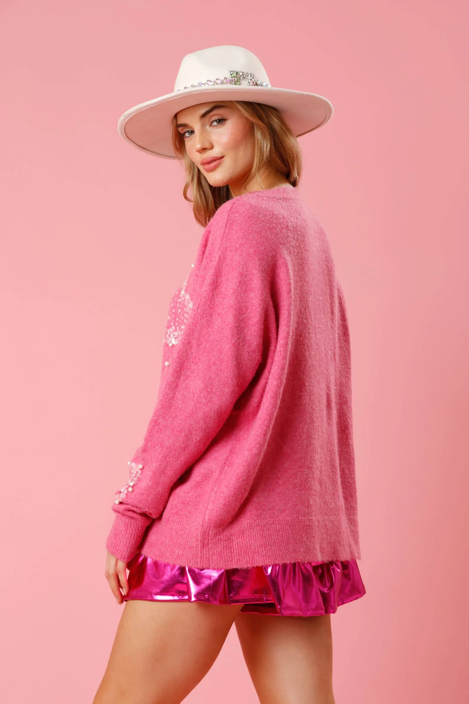 FAN Sequin & Pearl Heart Sweater