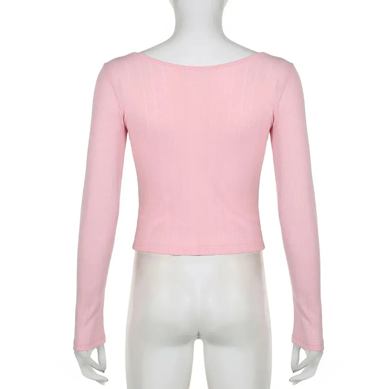 Fashion Bow Autumn Tee Shirt Slim Lace Trim Knit Cutecore Coquette Clothes Korean T-shirt Women Crop Top Slit Kawaii