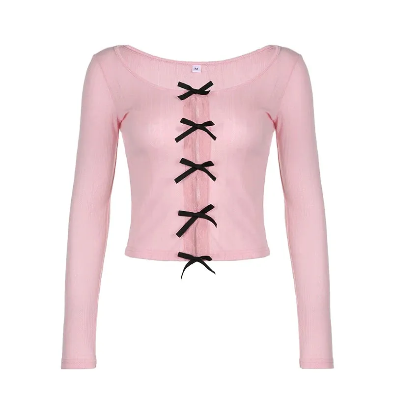 Fashion Bow Autumn Tee Shirt Slim Lace Trim Knit Cutecore Coquette Clothes Korean T-shirt Women Crop Top Slit Kawaii