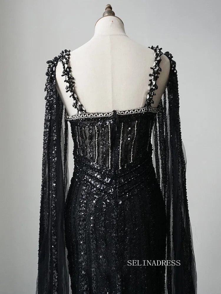 Gorgeous Mermaid Black Long Prom Dress Beaded Long Evening Dress Formal Gown FUE016