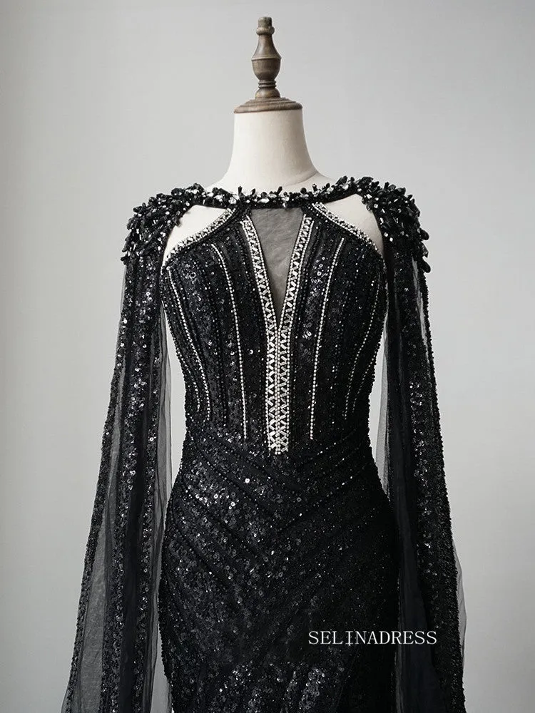 Gorgeous Mermaid Black Long Prom Dress Beaded Long Evening Dress Formal Gown FUE016