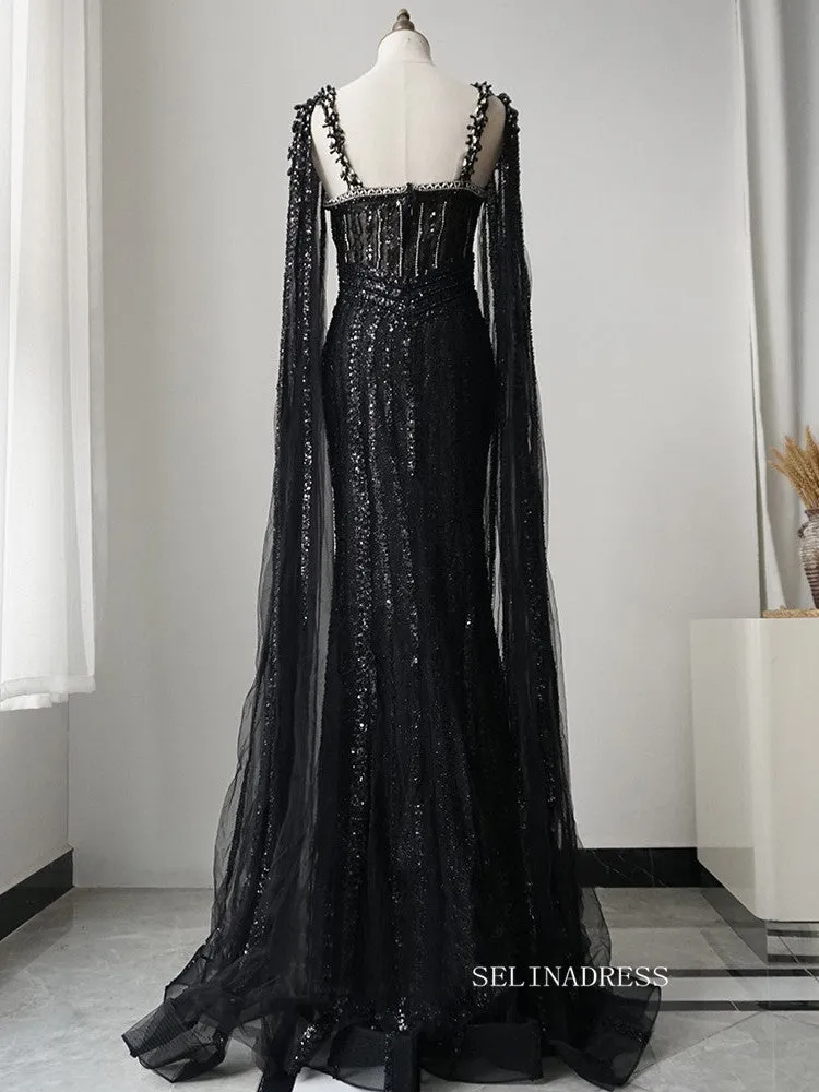 Gorgeous Mermaid Black Long Prom Dress Beaded Long Evening Dress Formal Gown FUE016