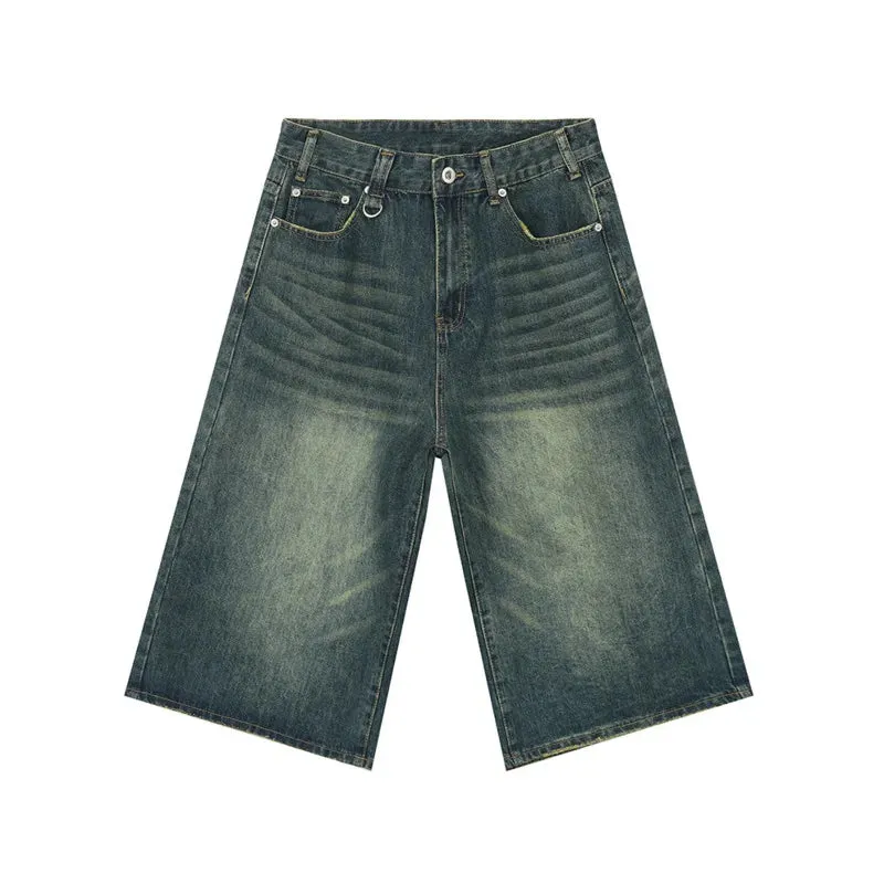 High Street Calf-Length Pants Denim Men's Shorts Straight Zipper Causal Wide Leg Male Trousers Chic Summer 8825