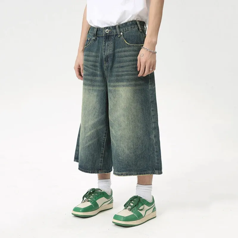 High Street Calf-Length Pants Denim Men's Shorts Straight Zipper Causal Wide Leg Male Trousers Chic Summer 8825
