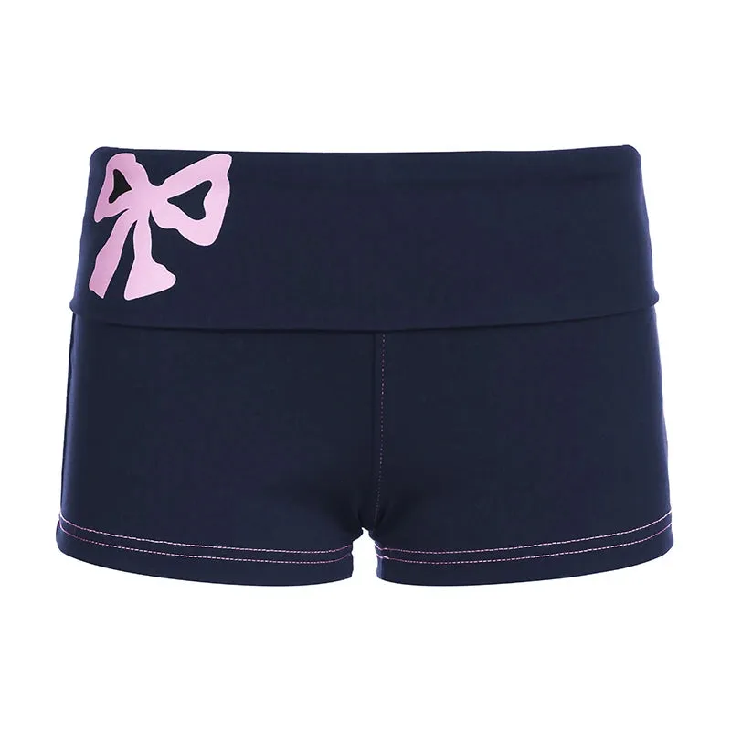 Korean Sweet Bodycon Low Rise Summer Shorts Women Coquette Clothes Bow Print Hotpants Girls Y2K Bottoms Outfits Cute