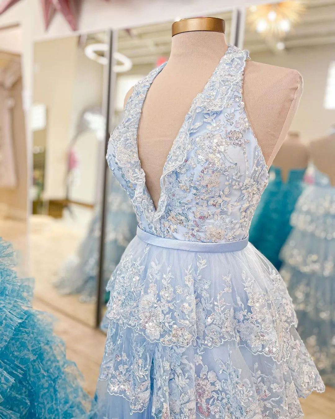 Light Blue Halter Ruffle Long Formal Dress with Appliques sew0311