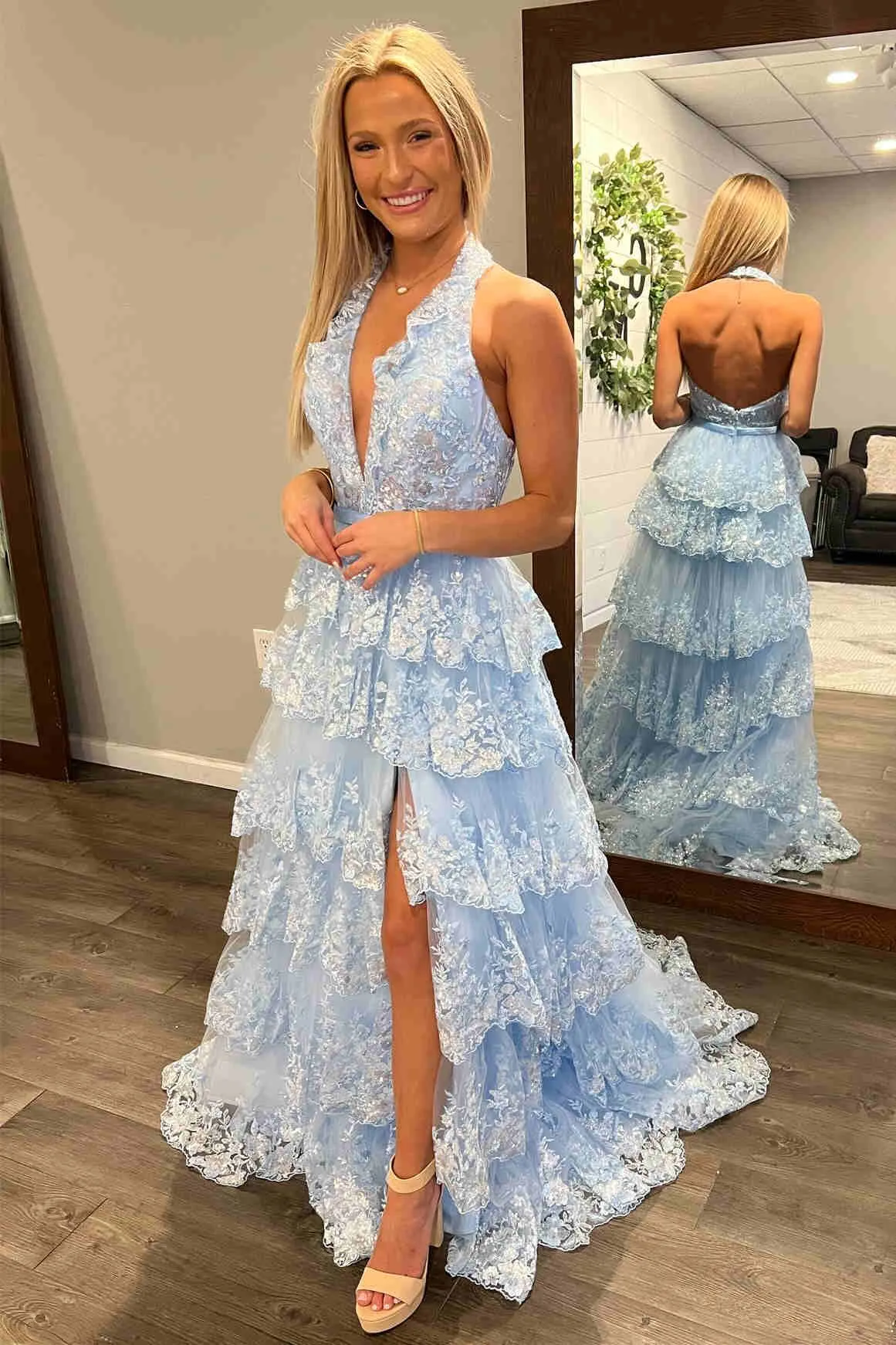 Light Blue Halter Ruffle Long Formal Dress with Appliques sew0311