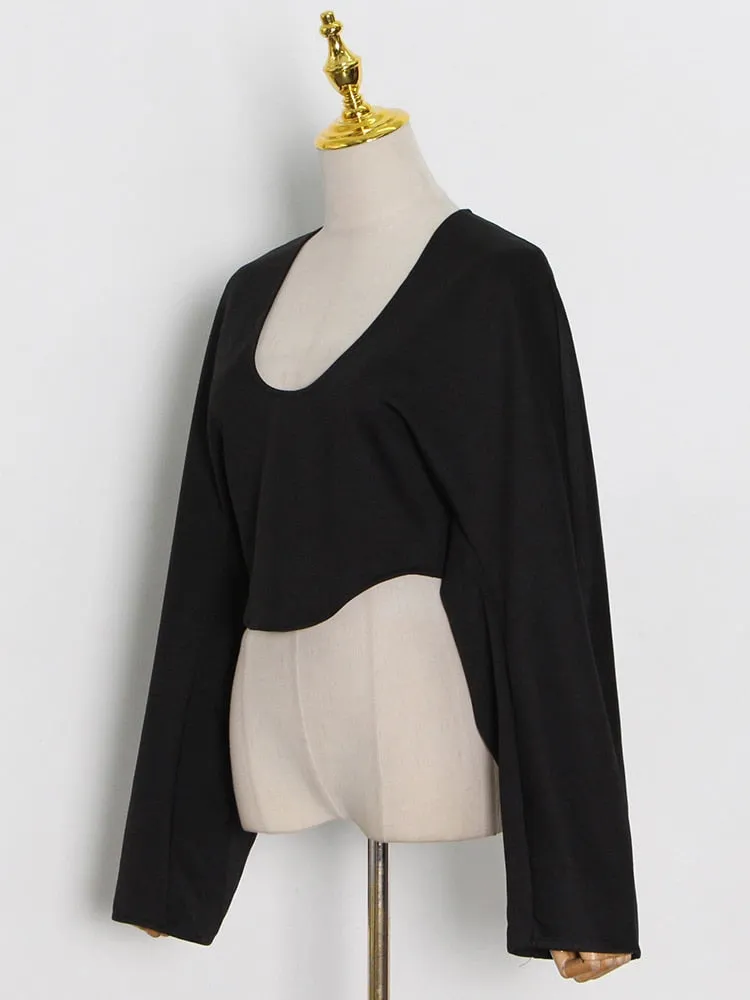 Loose Solid T Shirt For Women V Neck Long Sleeve Minimalsit Irregular Hem T Shirts Female Autumn Clothing