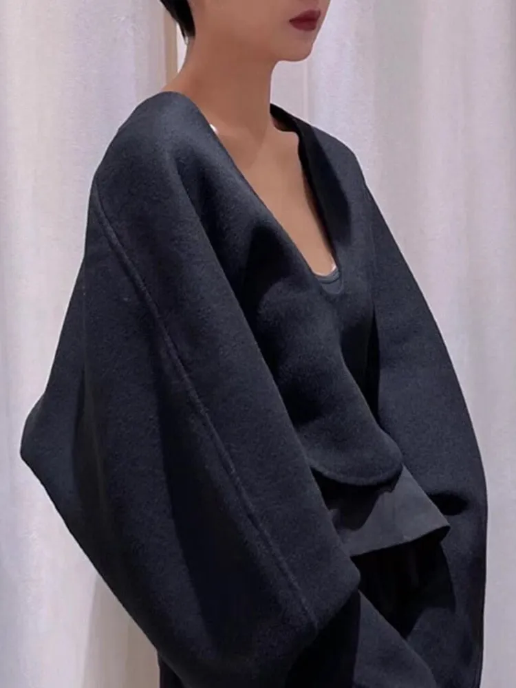 Loose Solid T Shirt For Women V Neck Long Sleeve Minimalsit Irregular Hem T Shirts Female Autumn Clothing