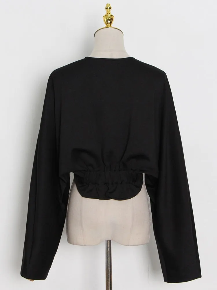Loose Solid T Shirt For Women V Neck Long Sleeve Minimalsit Irregular Hem T Shirts Female Autumn Clothing