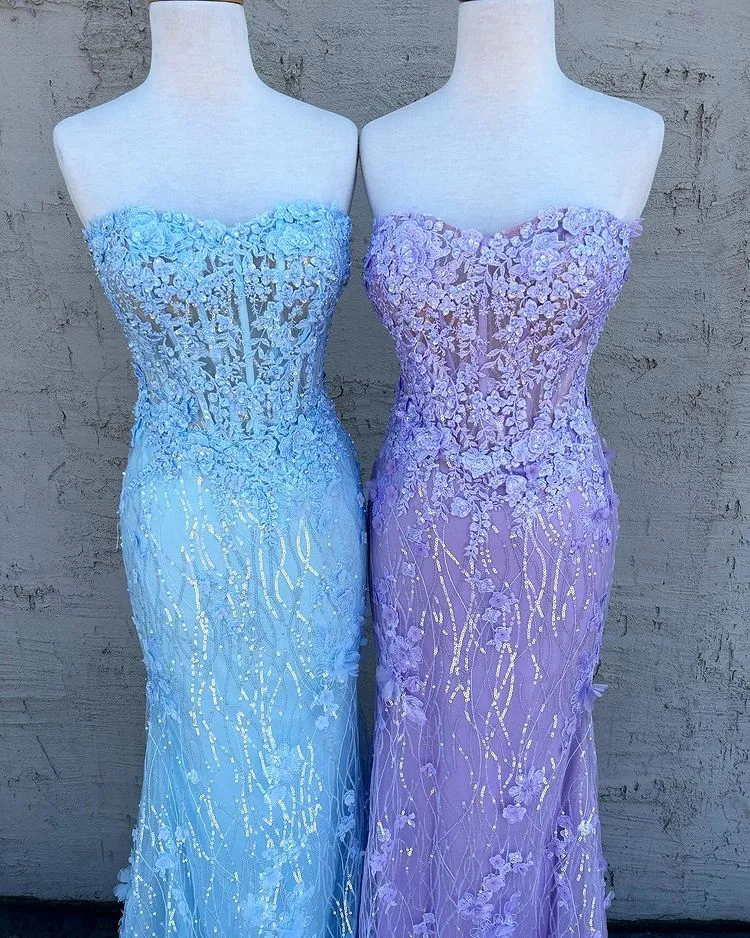 Mermaid Sweetheart Light Sky Blue Lace Prom Dress Beaded Evening Dresses RYU003