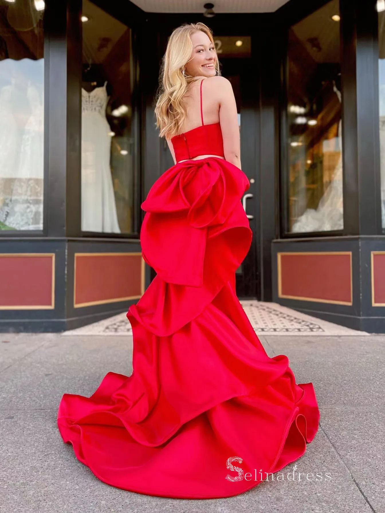 Mermaid Two Pieces Red Long Prom Dresses Spaghetti Straps Satin Evening Dresses MLK043