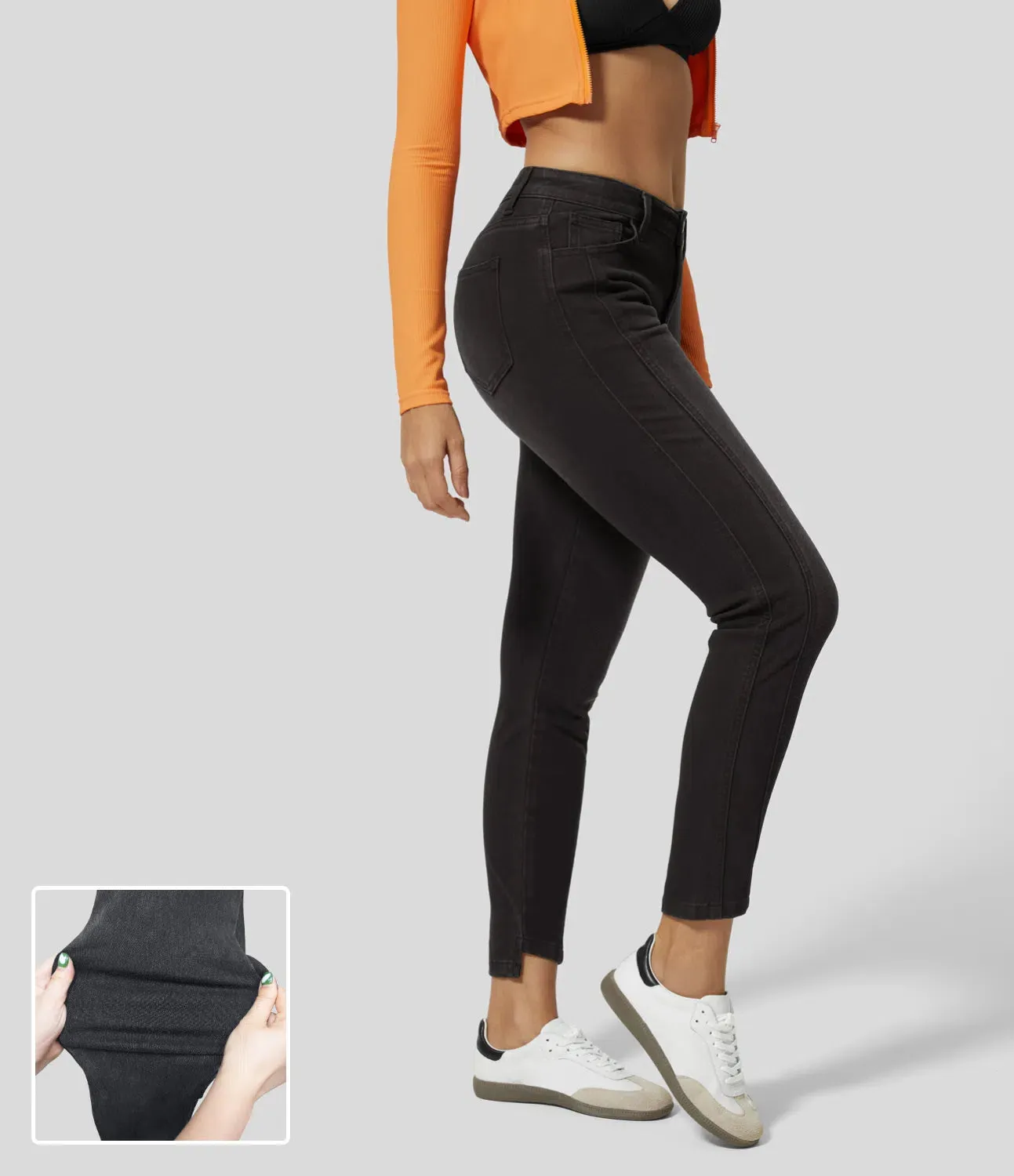 Mid Rise Button Zipper Multiple Pockets Stretchy Knit Casual Skinny Jeans