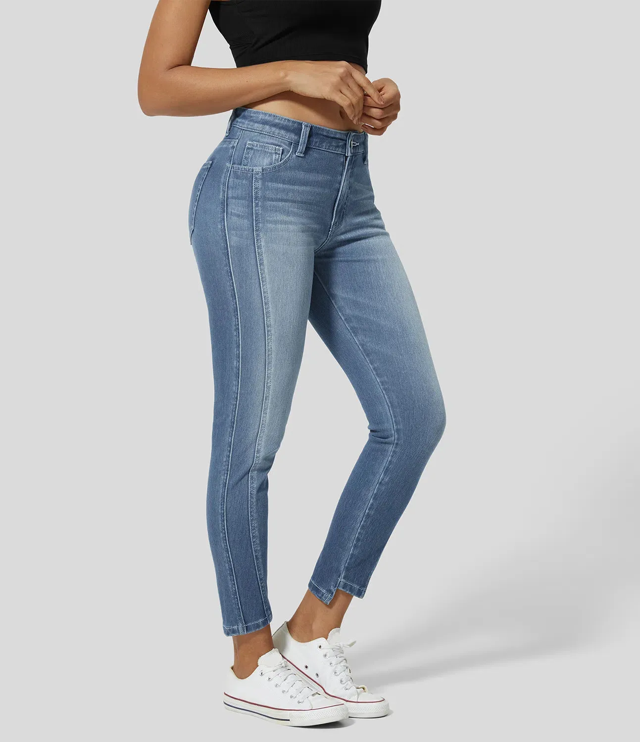 Mid Rise Button Zipper Multiple Pockets Stretchy Knit Casual Skinny Jeans