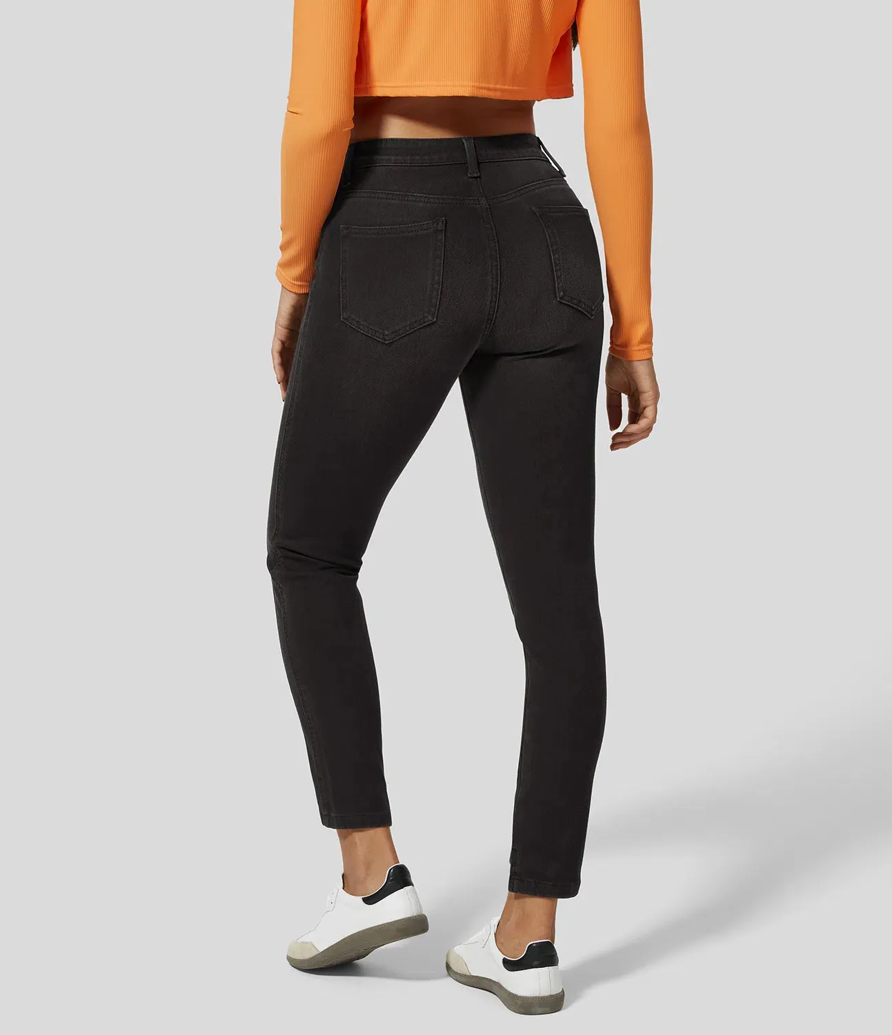 Mid Rise Button Zipper Multiple Pockets Stretchy Knit Casual Skinny Jeans