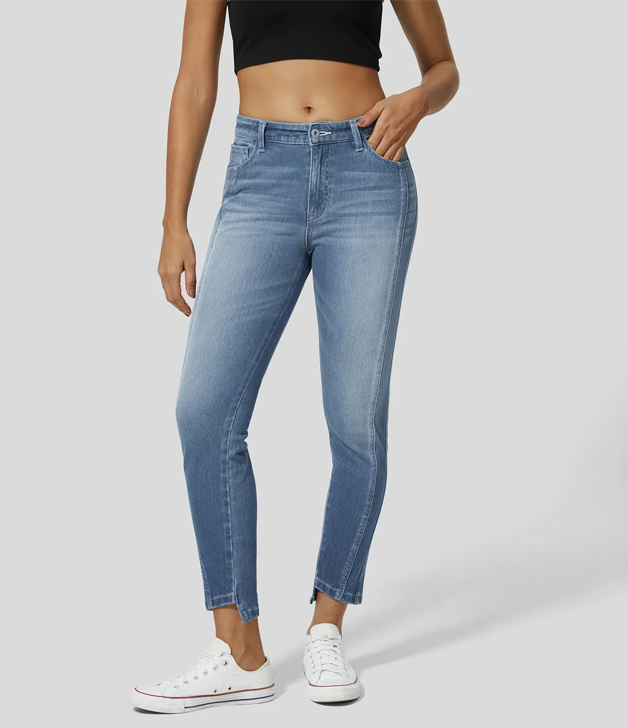 Mid Rise Button Zipper Multiple Pockets Stretchy Knit Casual Skinny Jeans