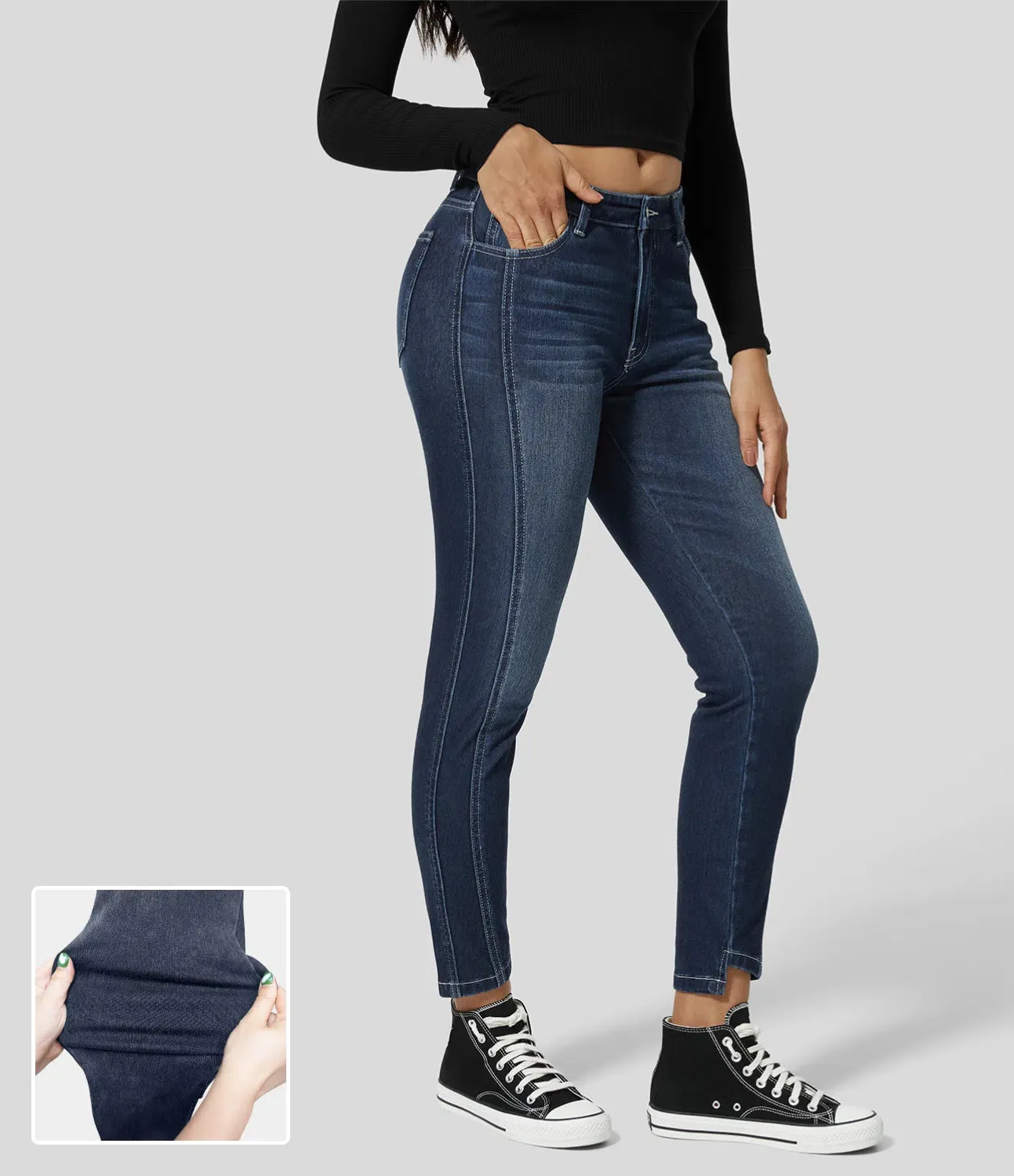 Mid Rise Button Zipper Multiple Pockets Stretchy Knit Casual Skinny Jeans